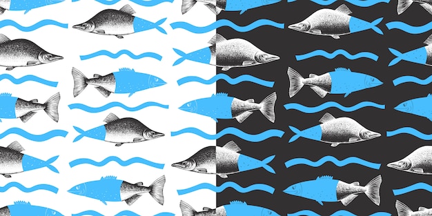 Dibujado a mano collage de patrones sin fisuras de pescado salmón rosado. Se puede usar para menú o empaque. Ilustración de mariscos Fondo moderno