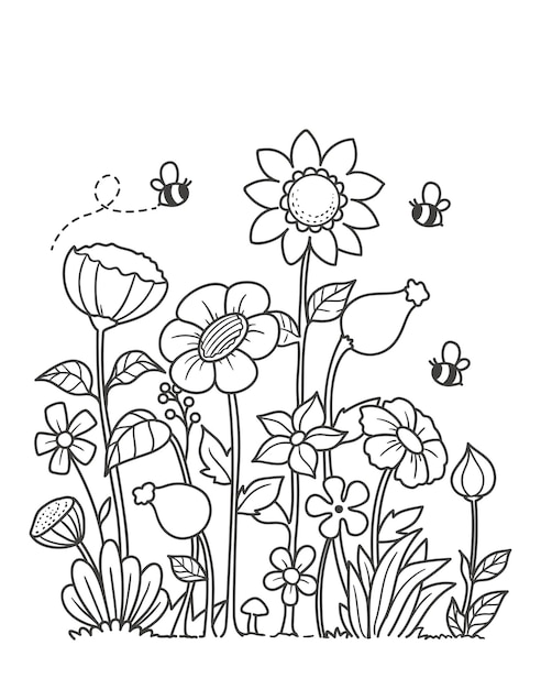Dibujado a mano para colorear flores de jardín