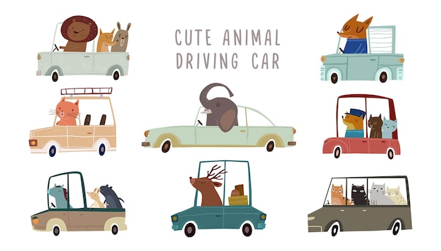 Dibujado a mano coloridos animales lindos conduciendo autos vector para niños