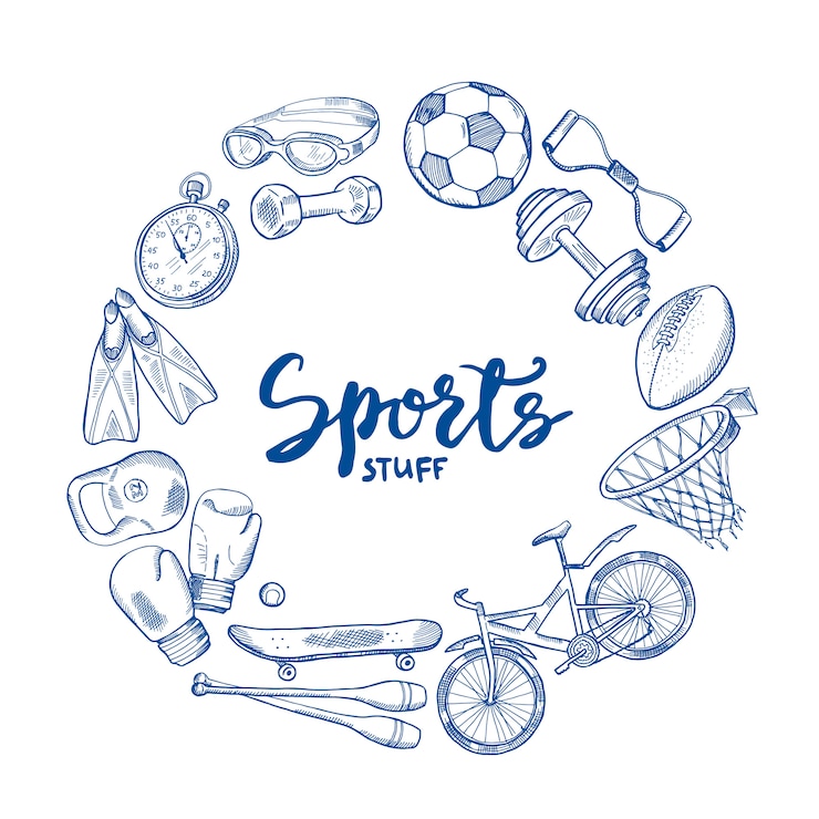Vector dibujado a mano concepto de círculo de herramientas deportivas con letras en el centro. equipo deporte bosquejo doodle, ilustración de entrenamiento de fitness