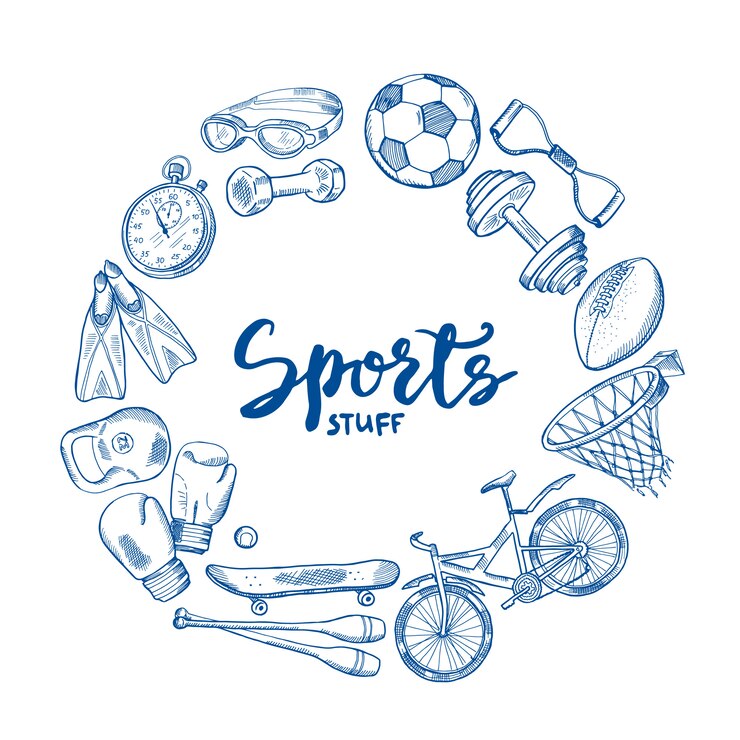 Vector dibujado a mano concepto de círculo de herramientas deportivas con letras en el centro. equipo deporte bosquejo doodle, ilustración de entrenamiento de fitness