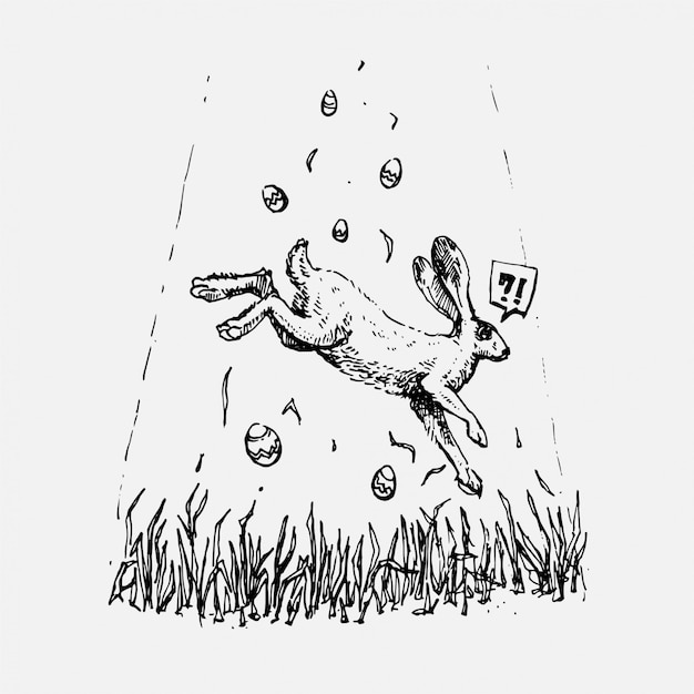 Dibujado a mano conejo y huevos de pascua flotando sobre la hierba en la ilustración de estilo vintage