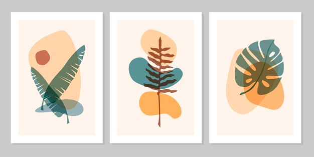Dibujado a mano conjunto abstracto boho hoja tropical con forma de color aislada sobre fondo beige. Vector ilustración plana. Diseño de patrón, logotipo, carteles, invitación, tarjeta de felicitación.
