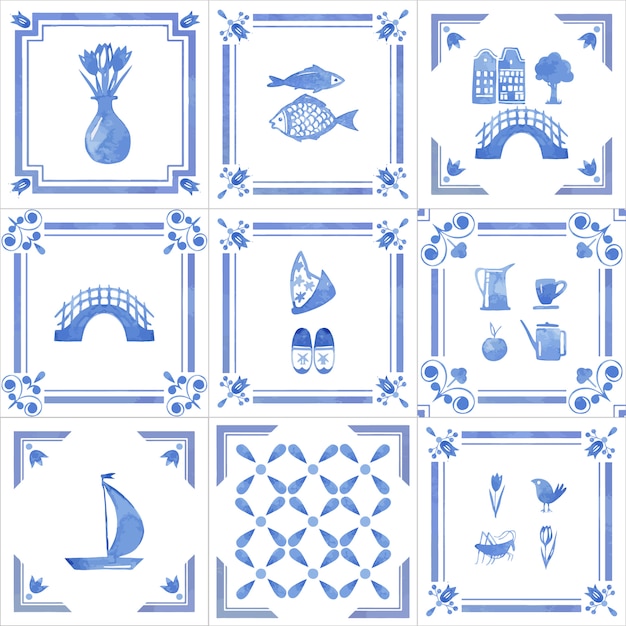 Vector dibujado a mano conjunto acuarela de azulejos de holanda