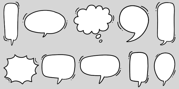 Dibujado a mano conjunto de burbujas de discurso aislado. Elemento de conjunto de Doodle. Ilustración vectorial.
