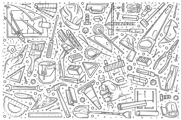 Dibujado a mano conjunto de construcción y construcción doodle