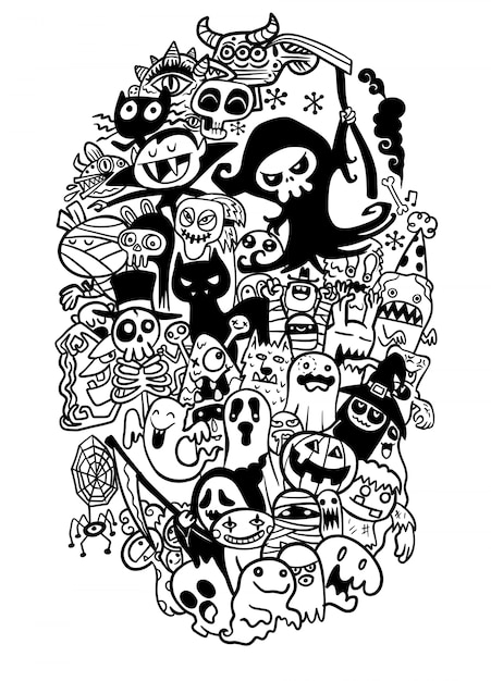 Dibujado a mano conjunto de dibujos animados doodle de objetos y símbolos sobre el tema de halloween