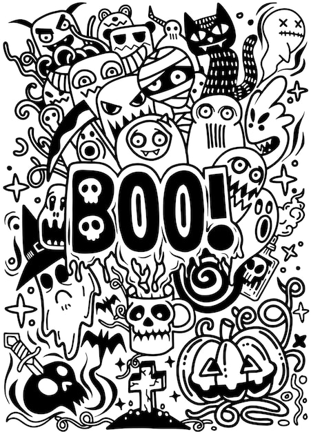 Dibujado a mano conjunto de dibujos animados de doodle de objetos y símbolos en el tema de halloween