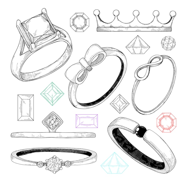 Dibujado a mano un conjunto de diferentes anillos de joyería.