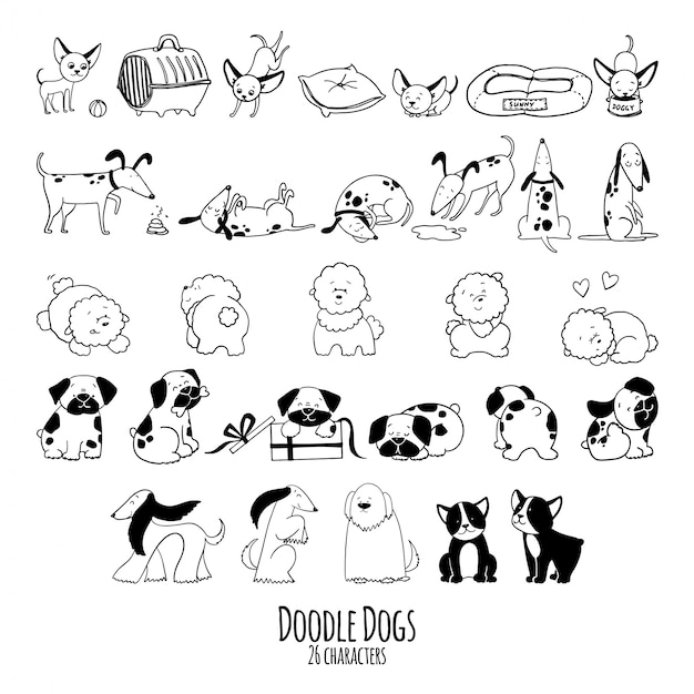 Dibujado a mano conjunto de doodle de personajes de perros en boceto