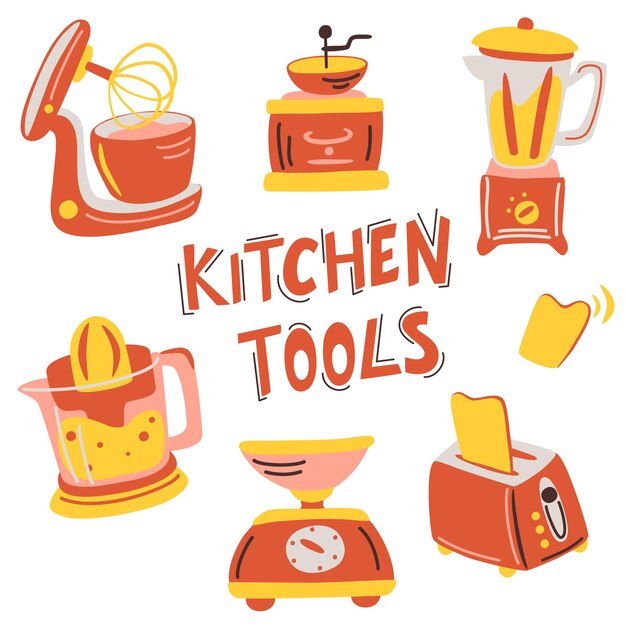 Vector dibujado a mano conjunto de electrodomésticos de cocina ilustración vectorial elemento de equipo para cocinar