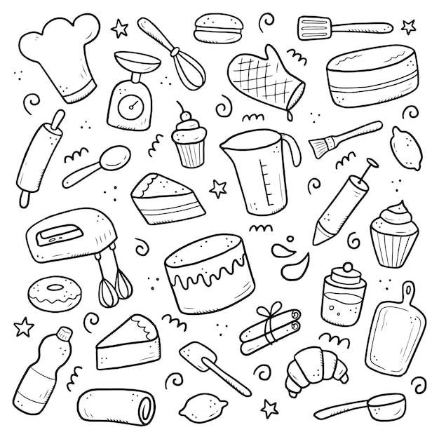 Dibujado a mano conjunto de elementos para hornear y cocinar, batidora, pastel, cuchara, magdalena, escala. estilo de dibujo doodle. elemento de panadería dibujado con pincel digital. ilustración de icono, menú, diseño de recetas.