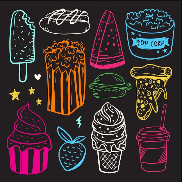 Vector dibujado a mano conjunto de elementos lindos doodle. comida rápida, helado y pastel