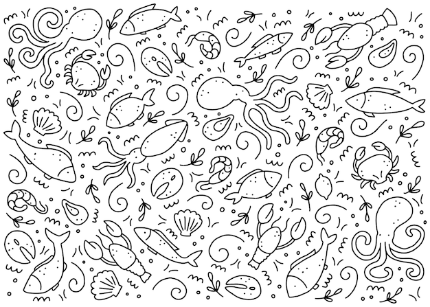 Dibujado a mano conjunto de elementos de mariscos. Ilustración de estilo Doodle.