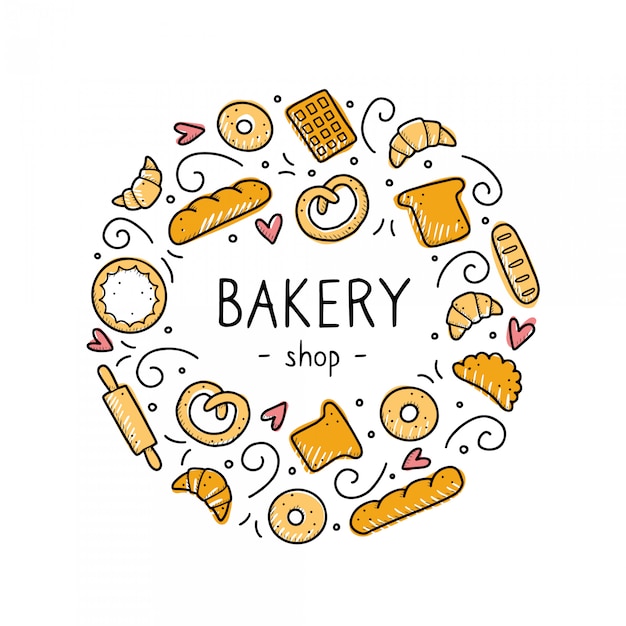 Dibujado a mano conjunto de elementos de panadería. Estilo Doodle.