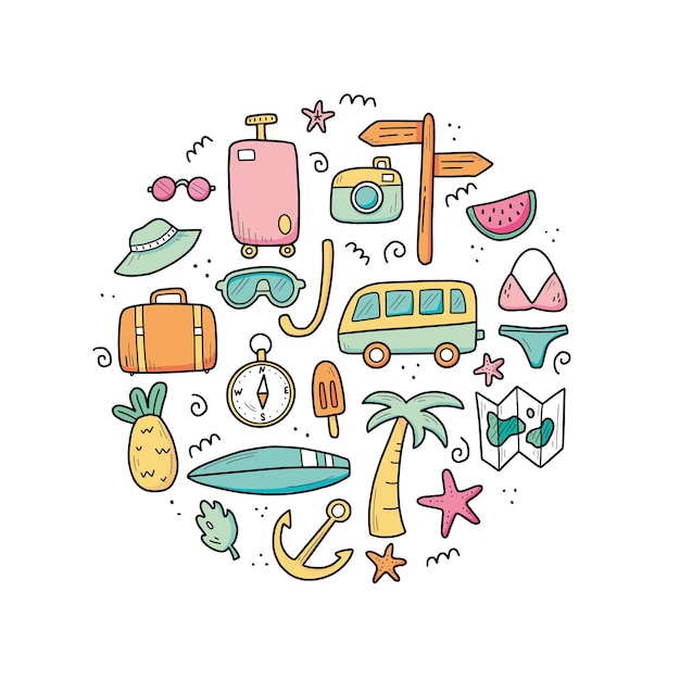 Dibujado a mano conjunto de elementos de vacaciones de verano viajes