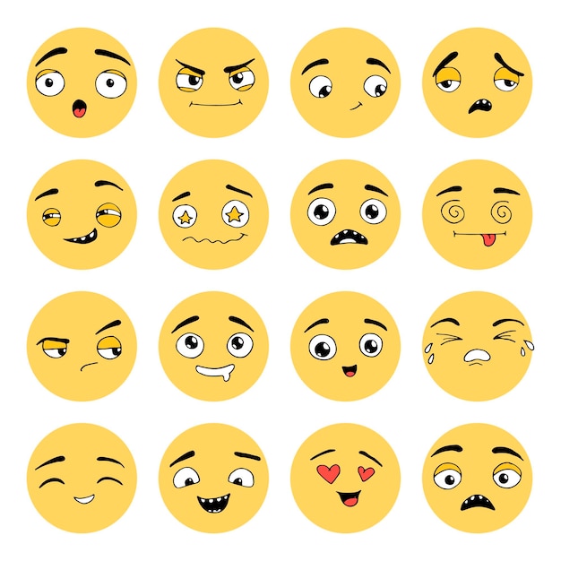 Dibujado a mano conjunto de emoji. emoción de cara diferente: sonrisa, tristeza, llanto, feliz, sorpresa, enojo. elementos de emoticonos para su icono, web, diseño infantil dibujado por lápiz. estilo de dibujo de doodle de ilustración vectorial.