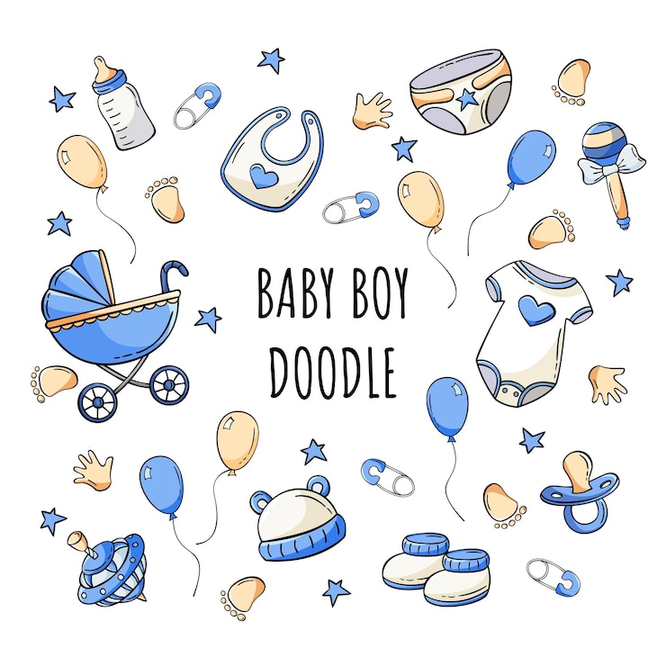 Vector dibujado a mano conjunto de iconos de elementos de bebé en estilo doodle