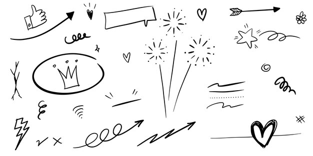 Dibujado a mano conjunto de swishes rizados, swashes, swoops. Flechas abstractas, Flecha, corazón, amor, estrella, hoja, sol, luz, corona, rey, reina, en el estilo de dibujo para el diseño conceptual. ilustración vectorial.