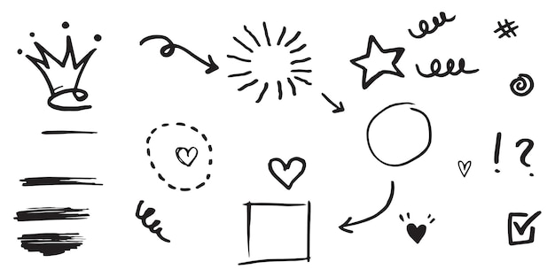 Dibujado a mano conjunto de swishes rizados, swashes, swoops. Flechas abstractas, Flecha, corazón, amor, estrella, hoja, sol, luz, corona, rey, reina, en el estilo de dibujo para el diseño conceptual. ilustración vectorial.