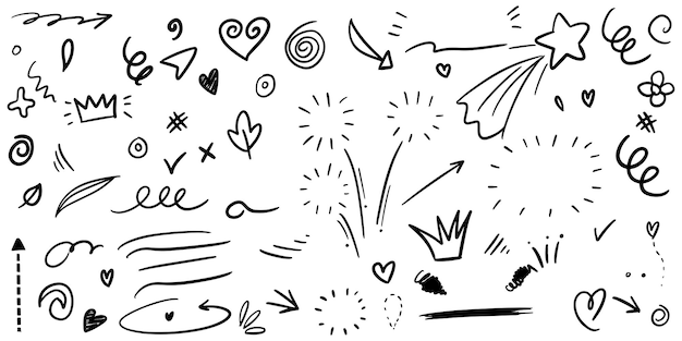 Dibujado a mano conjunto de swishes rizados, swashes, swoops. Flechas abstractas, Flecha, corazón, amor, estrella, hoja, sol, luz, corona, rey, reina, en el estilo de dibujo para el diseño conceptual. ilustración vectorial.