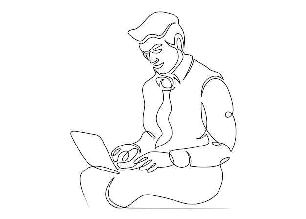 Dibujado a mano continuo una línea del usuario sentado en la computadora Concepto de trabajo para una computadora portátil Inicio de Internet es un hombre de negocios especialista en TI programador hipster