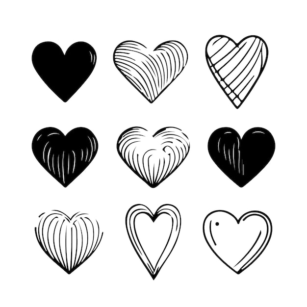 Dibujado a mano corazón corazones amor día de san valentín garabato garabato línea negra arte boceto icono conjunto vector