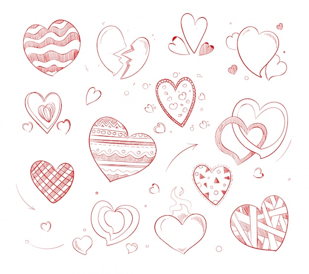 Dibujado a mano corazones rojos vector doodle iconos