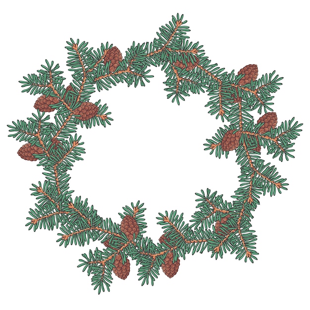 Dibujado a mano corona de Navidad de ramas de abeto