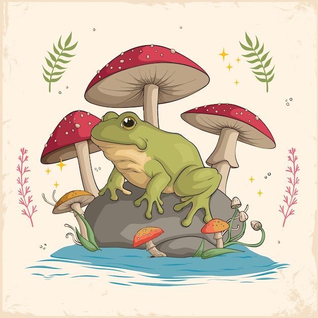 Dibujado a mano Cottagecore Goblincore Rana sentada en la roca setas y agua Rana estilo Cottigecore