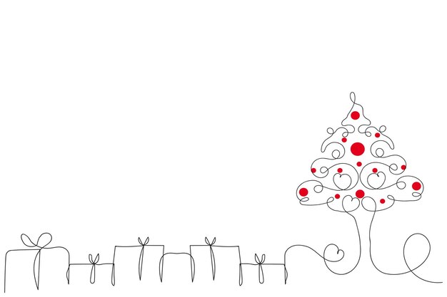 Dibujado a mano delgada línea continua árbol de Navidad con corazones y cajas de regalo vector símbolo