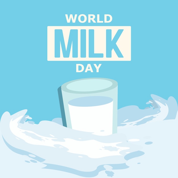 Dibujado a mano el día mundial de la leche con un vaso de leche y una ola de leche salpica ilustración