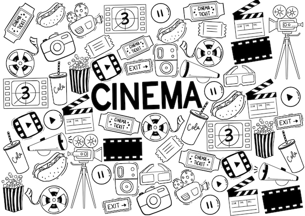 Dibujado a mano dibujado dibujado Dibujado de cine Ilustración vectorial Iconos de creación de películas Colección de símbolos de películas