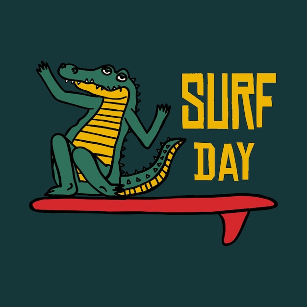 dibujado a mano dibujado dibujos animados de cocodrilo surfeando ilustración