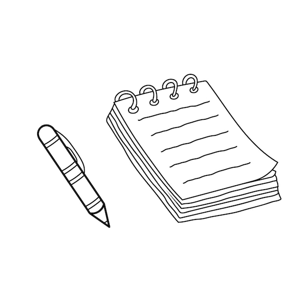 Dibujado a mano Dibujo de niños dibujos animados Ilustración vectorial Cuaderno y icono de bolígrafo Aislado