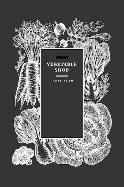 Dibujado a mano dibujo vegetales. plantilla de banner de alimentos frescos orgánicos. fondo vegetal retro. grabado estilo botánico ilustraciones en pizarra.