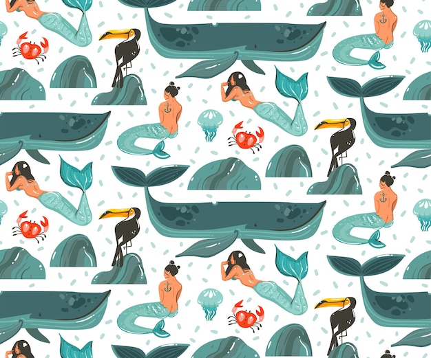 Dibujado a mano dibujos animados abstractos gráficos de verano bajo el agua ilustraciones de patrones sin fisuras con arrecifes de coral, medusas y chicas beautymermaid aisladas sobre fondo blanco.
