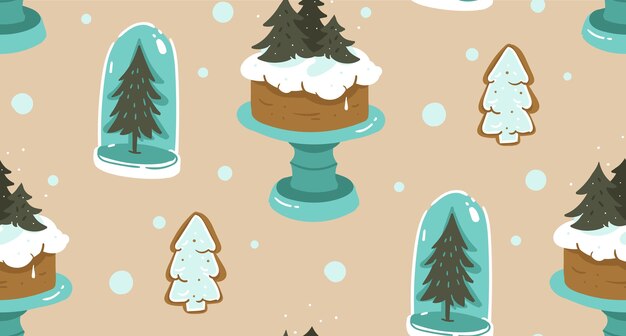 Dibujado a mano dibujos animados abstractos navidad de patrones sin fisuras con elementos de decoración casera escandinava bombilla de vidrio, pastel de vacaciones en soporte y galletas de jengibre aisladas sobre fondo de papel artesanal.