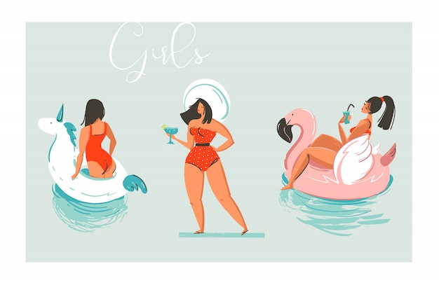 Dibujado a mano de dibujos animados divertidos de verano ilustración de colección de chicas de playa con flotador de piscina anillos de unicornio y flamenco y chica retro con sombrero con cóctel sobre fondo azul