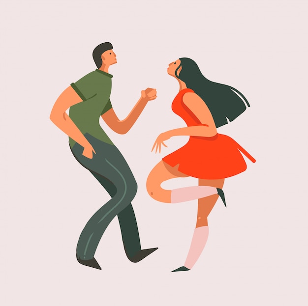 Vector dibujado a mano dibujos animados modernos gráficos ilustraciones tarjeta de arte con pareja de baile juntos aislado