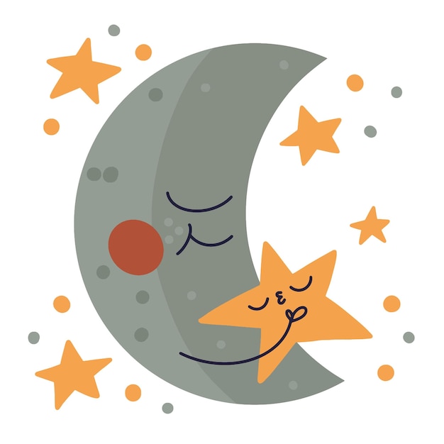 Dibujado a mano dibujos animados vector boho ilustración de luna y estrellas