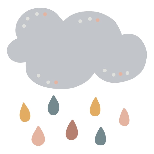 Dibujado a mano dibujos animados vector boho ilustración de nube gris con gotas de lluvia de colores