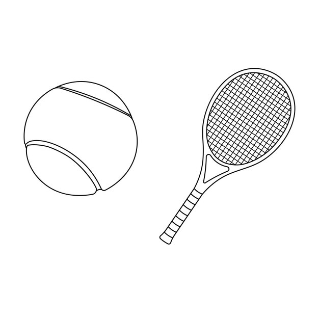 Dibujado a mano dibujos animados Vector ilustración pelota de tenis y raqueta deporte icono aislado