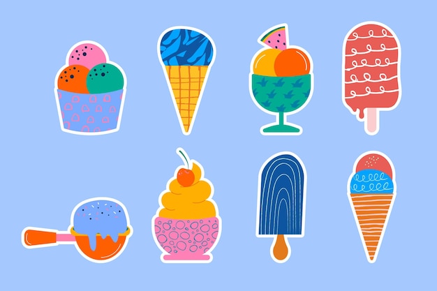 Dibujado a mano diferentes tipos de pegatinas de helado