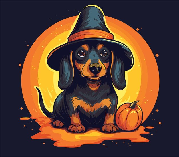 Vector dibujado a mano diseño de celebración de ilustración de perro de halloween con sombrero