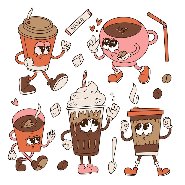 Dibujado a mano diseño de dibujos animados retro juego de caracteres de taza de café de moda vasos de papel y tazas mascota elemento c