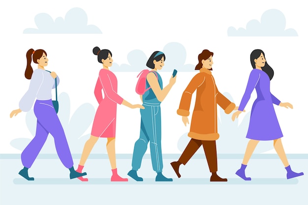 Dibujado a mano diseño plano multitud de personas caminando ilustración