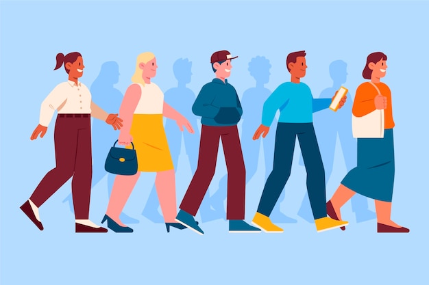 Vector dibujado a mano diseño plano multitud de personas caminando ilustración