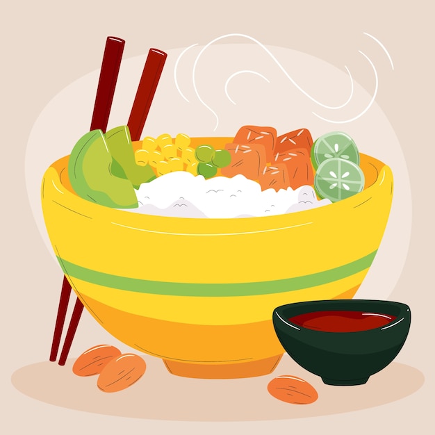 Vector dibujado a mano diseño plano poke bowl comida ilustración