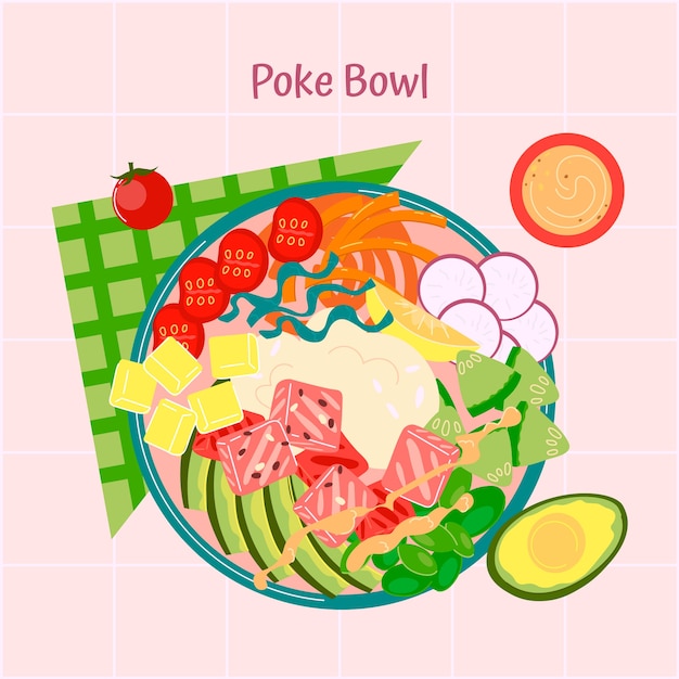 Dibujado a mano diseño plano poke bowl comida ilustración